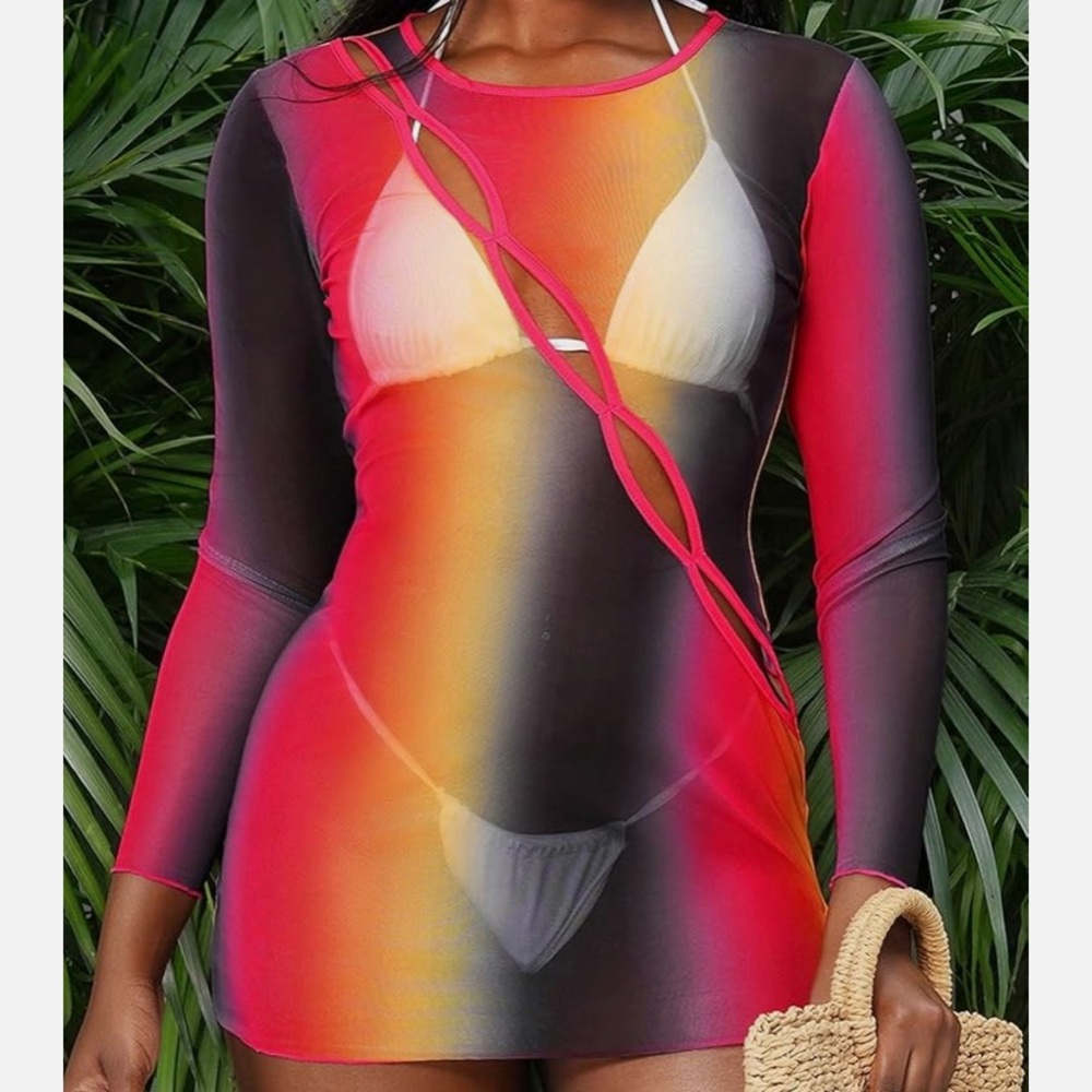 NWT No Label Size L Hollow Out Multicolor Long Sleeve Cover Up Dress